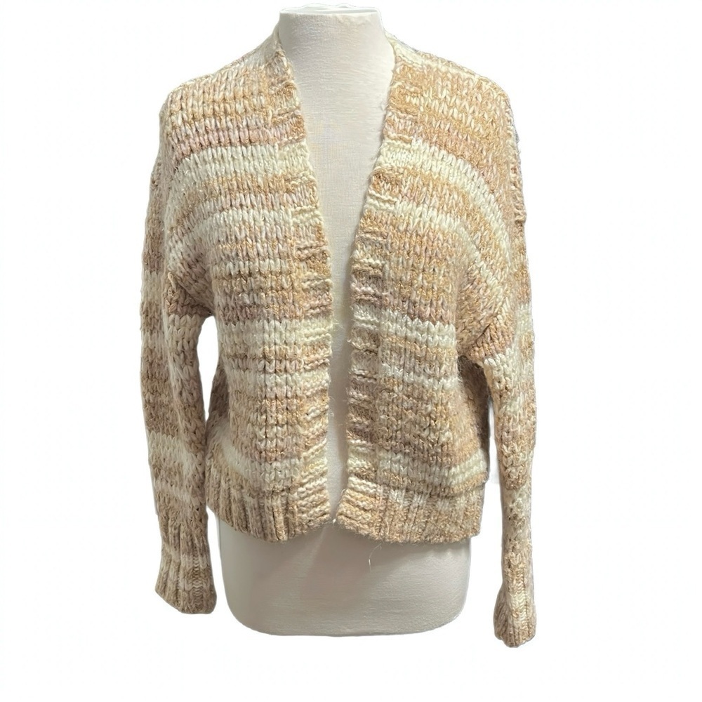 American Eagle Open Front Cardigan Sweater Size XS Beige Striped Cozy Warm Comfy